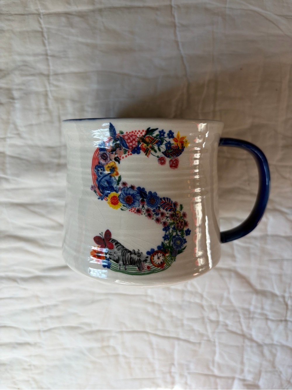 Anthropologie Home | Floral 'S' Monogram Ceramic Mug in Blue